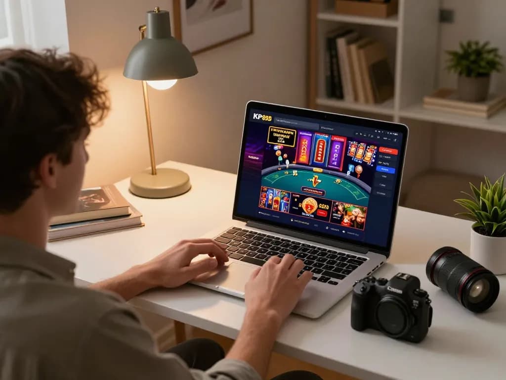 Kp88 user enjoying online gaming with laptop at cozy desk, showcasing responsible gambling.
