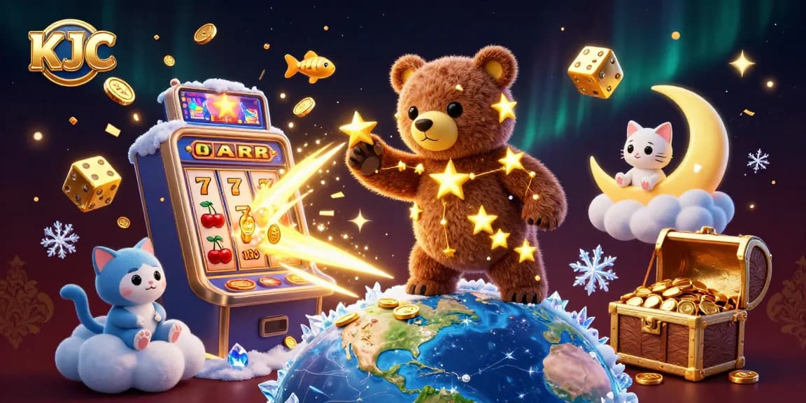 KJC showcases a colorful online casino scene with stars, coins, and jackpots exploding.