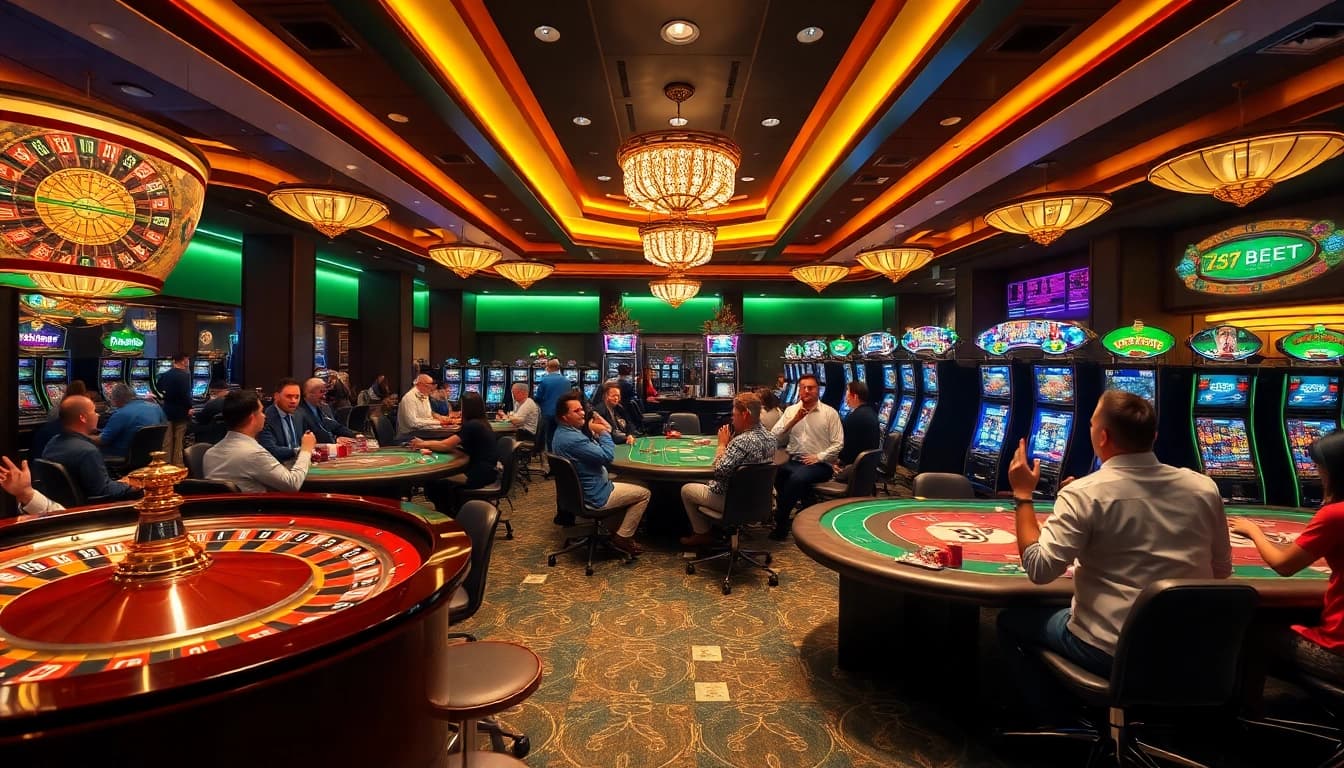 Experience the excitement of gaming as players enjoy 789BET's thrilling casino atmosphere filled with vibrant tables.