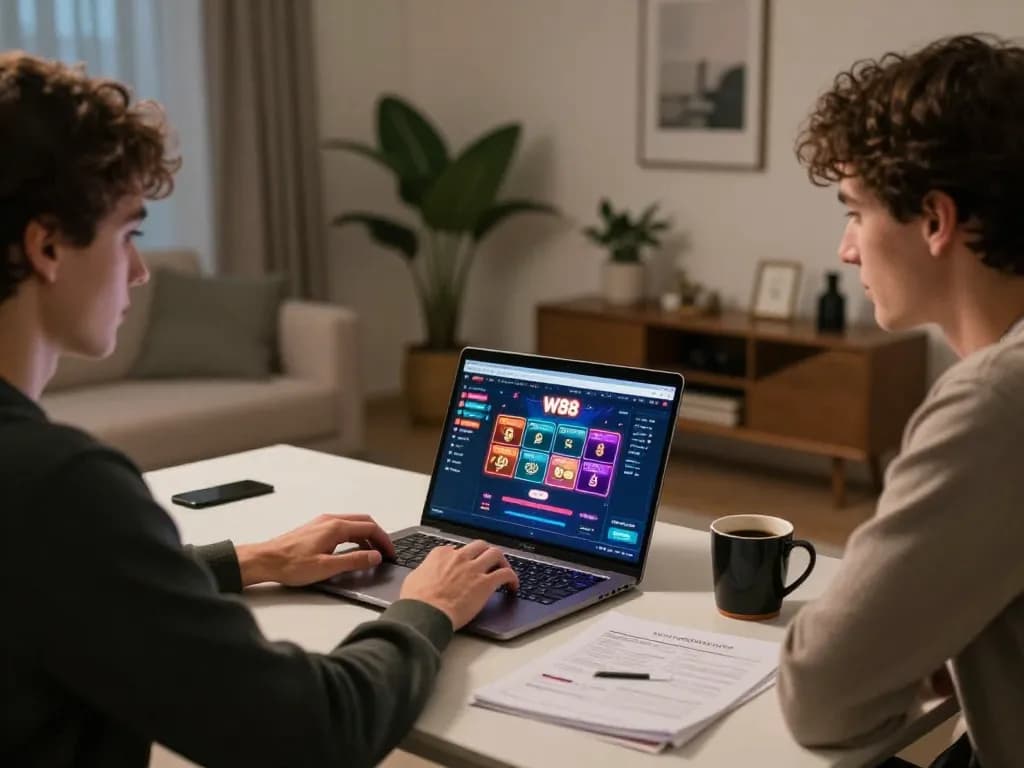 W88 online gaming scene with player focused on poker strategy at home