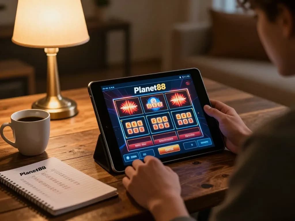 Player explores Planet88 slots on tablet in a cozy home environment
