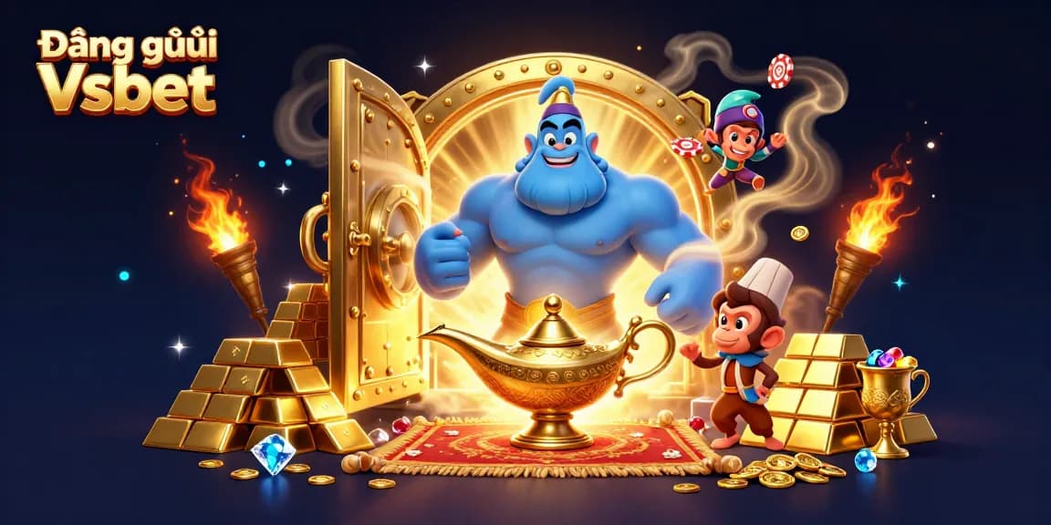 Join the thrilling action in Đăng ký Vsbet with a dynamic 3D illustration featuring a genie, playful monkey, and poker chips.