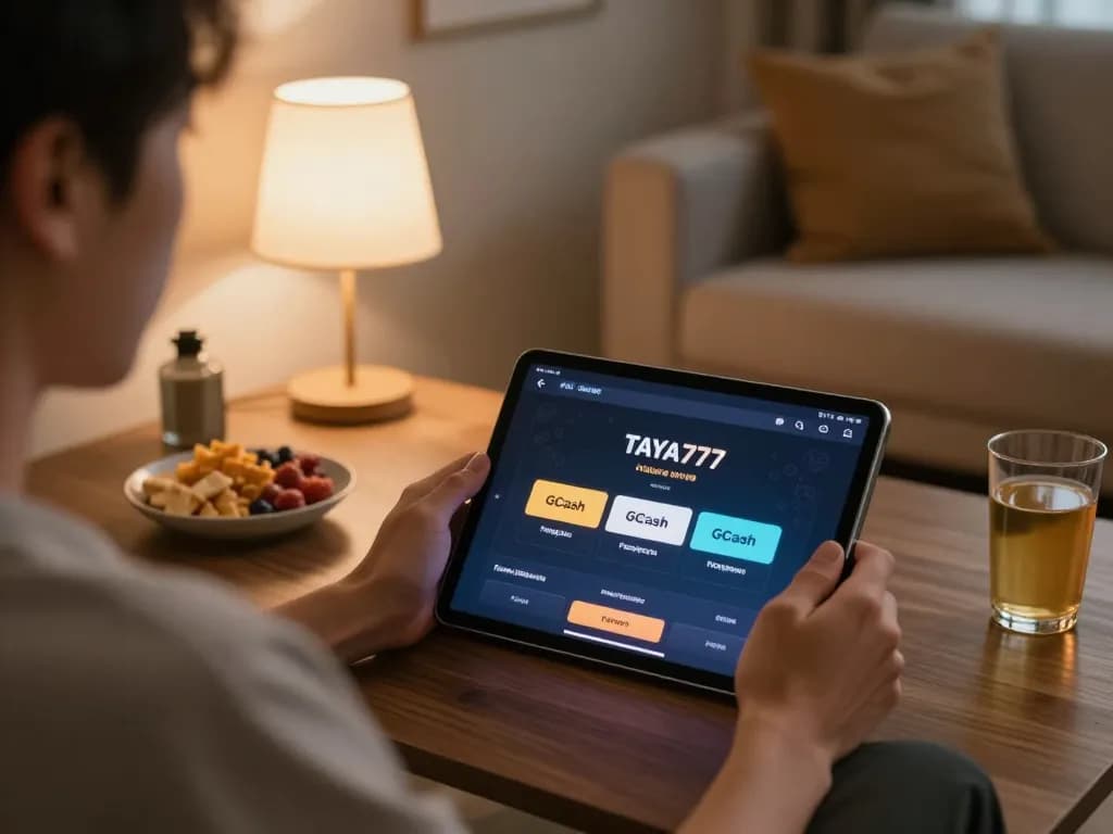 TAYA777 GCash app in action on tablet during home gaming session, showcasing easy online betting experience.