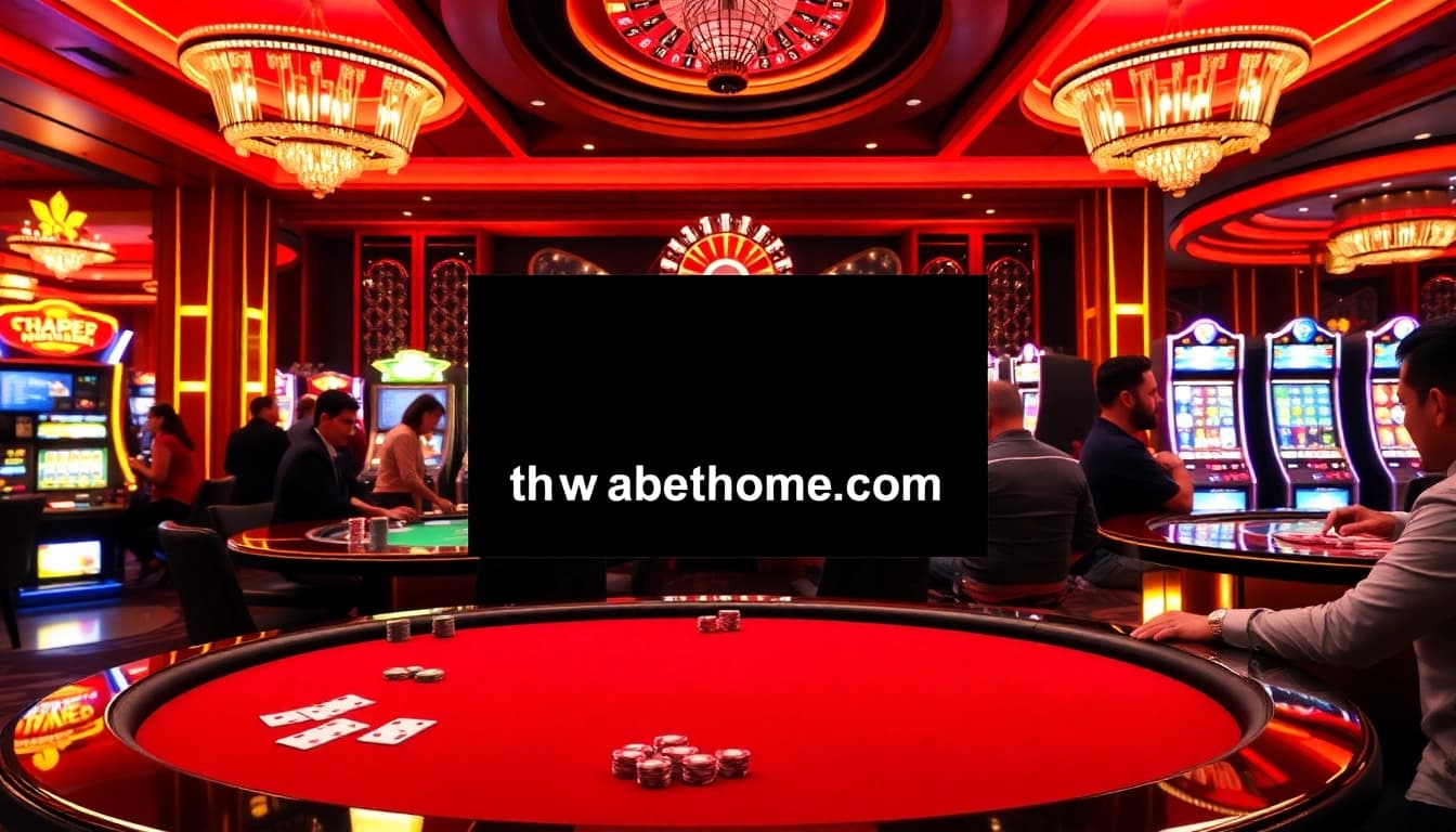 Players enjoying a thrilling game at https://thabethome.com/ casino with vibrant atmosphere and luxury decor.