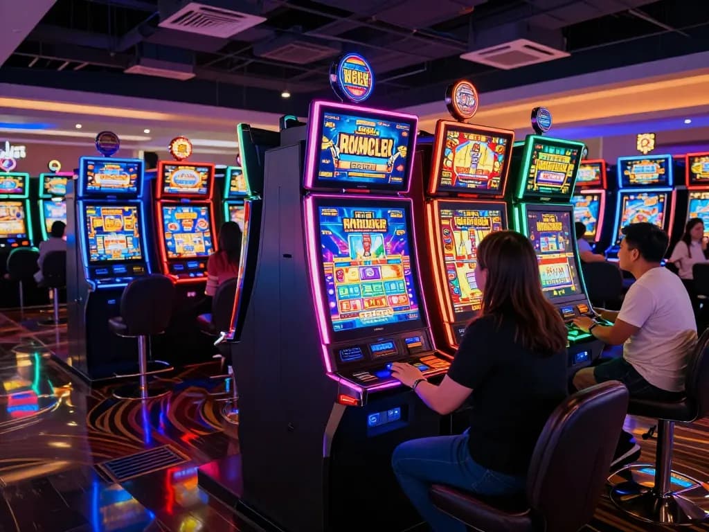 Players enjoying nohu-themed slot machines in a lively casino with vibrant neon lighting.