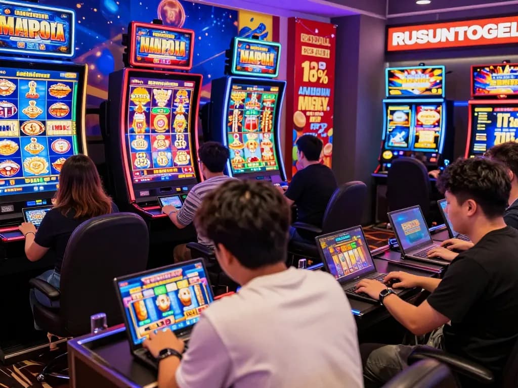 Players enjoying a vibrant gambling experience on RUSUNTOGEL platform, showcasing dynamic slot games and colorful graphics.
