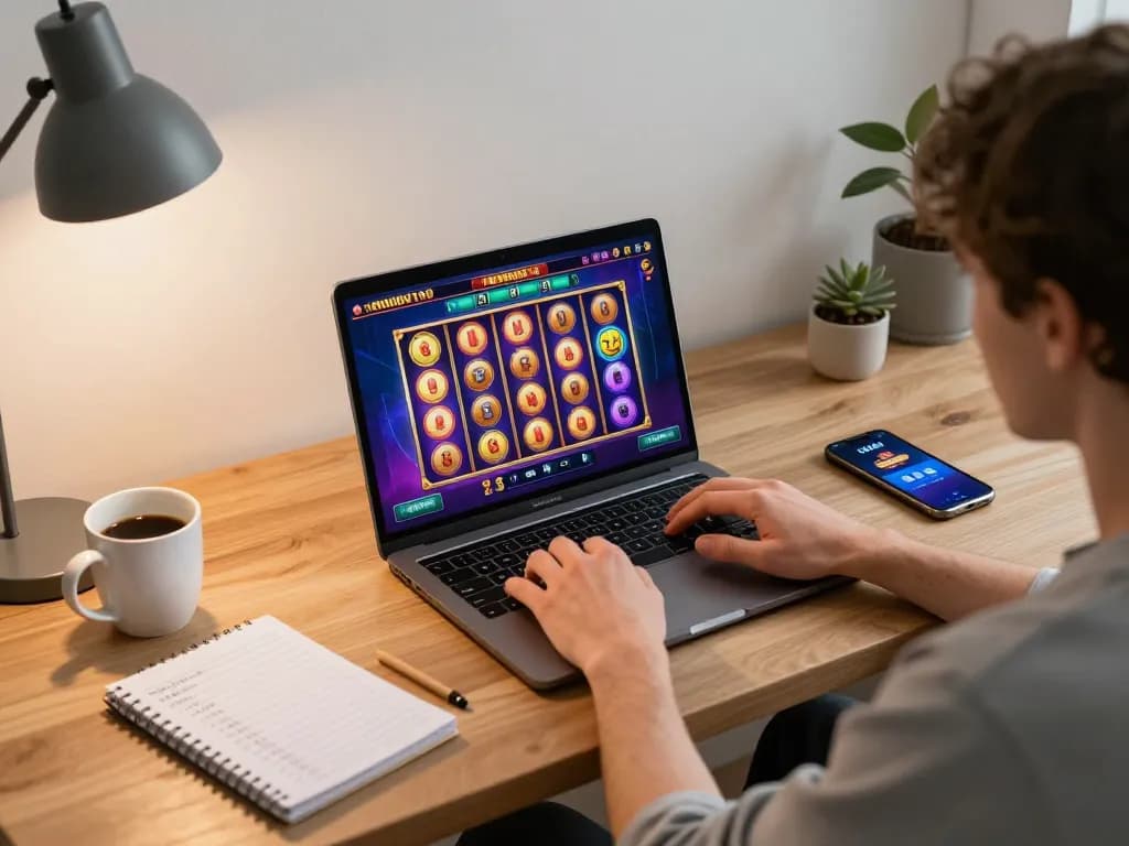 Engaging gameplay on UU88 platform, showcasing a player enjoying vibrant slot games on a laptop.