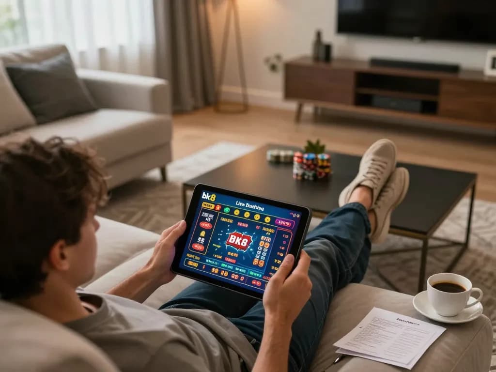 Player engaging with bk8 online casino using tablet in cozy home setting