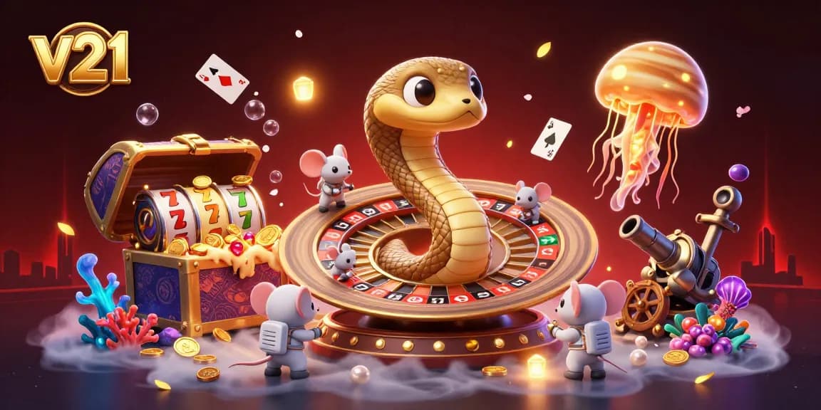 v21 menghadirkan momen seru dengan simbol slot dan dealer luar angkasa dalam ilustrasi 3D penuh warna.