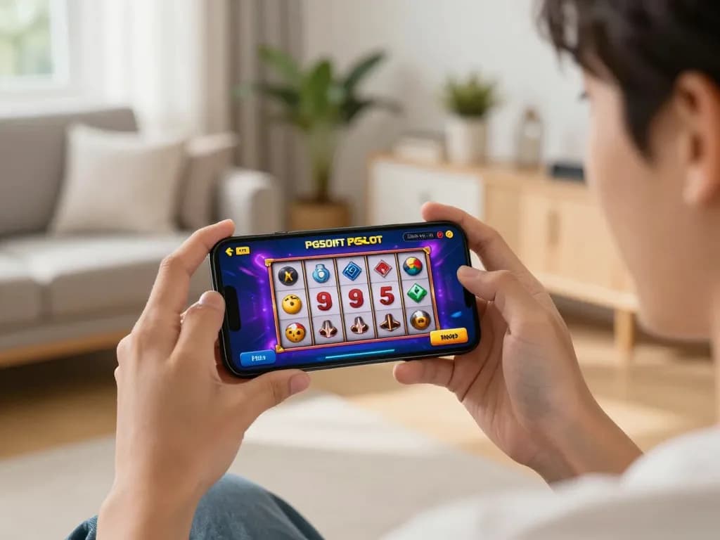 Engaged player enjoying PGSLOT IN on mobile device, showcasing dynamic online slot gameplay