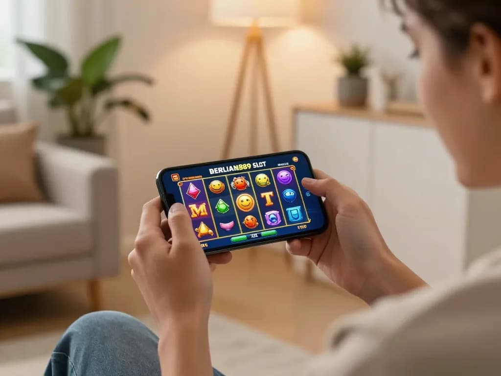 Engaging player celebrating a win on the BERLIAN889 Slot app from the comfort of home.