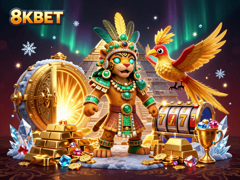 Experience the excitement of 8KBET with a dynamic scene featuring a Mayan jaguar priest and slot elements.