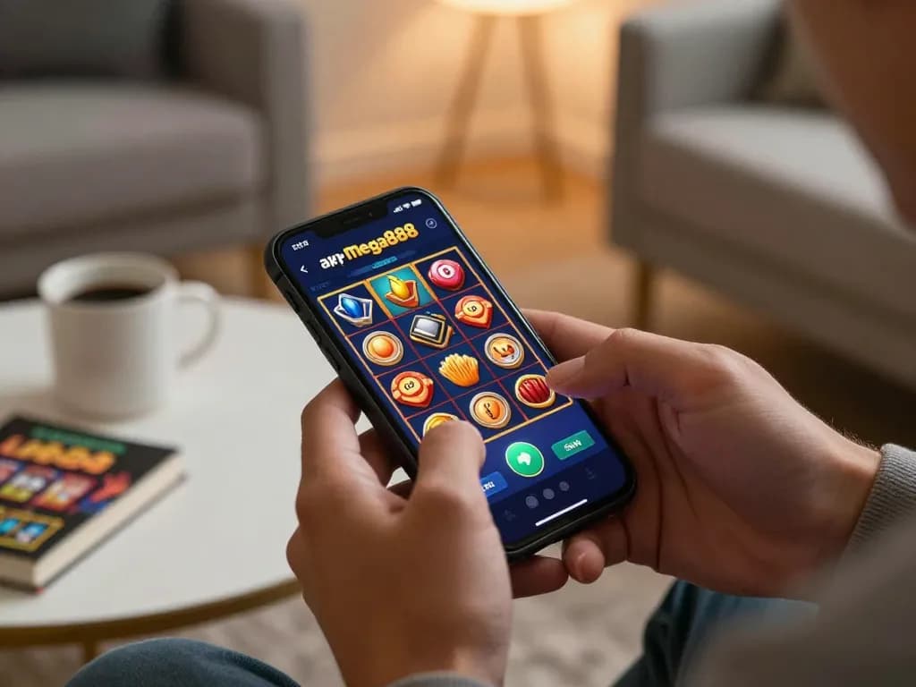 Engaged player spinning reels on apk mega888 in a cozy home setting, smartphone and strategy books nearby.