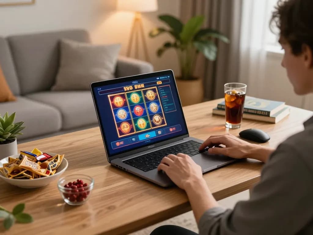 Engaging in ea77 info with online slots gaming experience in a cozy home setting.