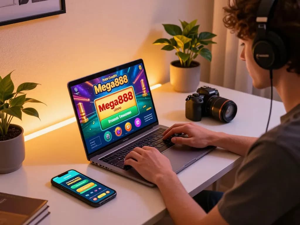 Engage with free credit mega888 while playing on a laptop at a stylish home gaming setup.