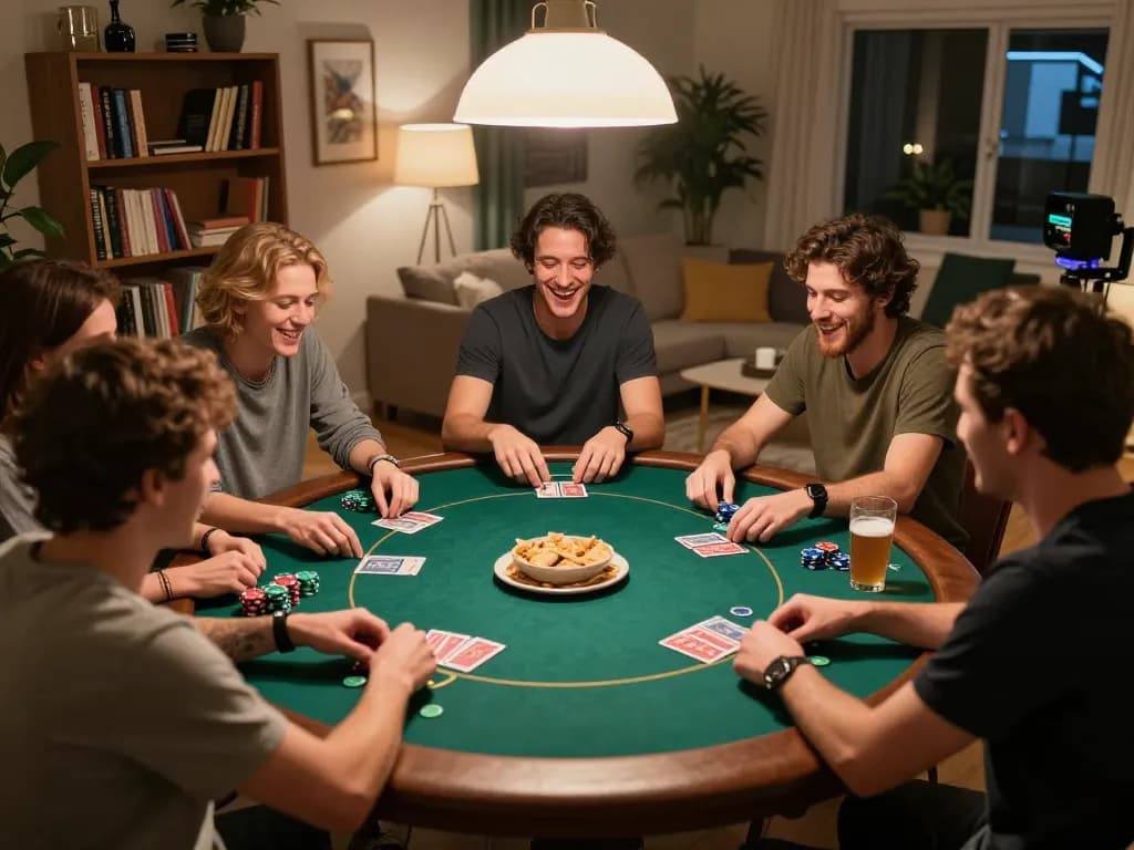 net88 poker night with friends enjoying their game at home, chips laid out, warm ambiance.