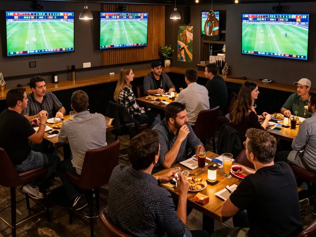 Watch intense sports betting action with nddo odds displayed on screens in a vibrant bar setting.
