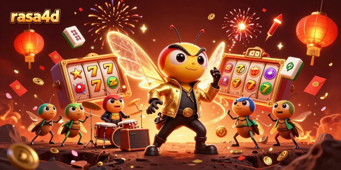 Rasa4d menghadirkan citra kasino dengan cicada rock star dan permainan slot yang berputar.