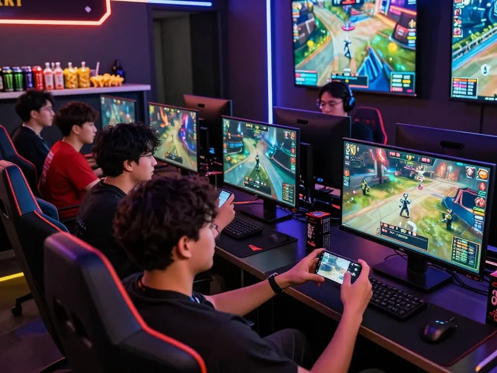 Gamers engaged in esports betting at a vibrant gaming lounge, highlighting excitement around https://gglbetsg.org/gglbet-sg/singapore-esports-betting-guide/.