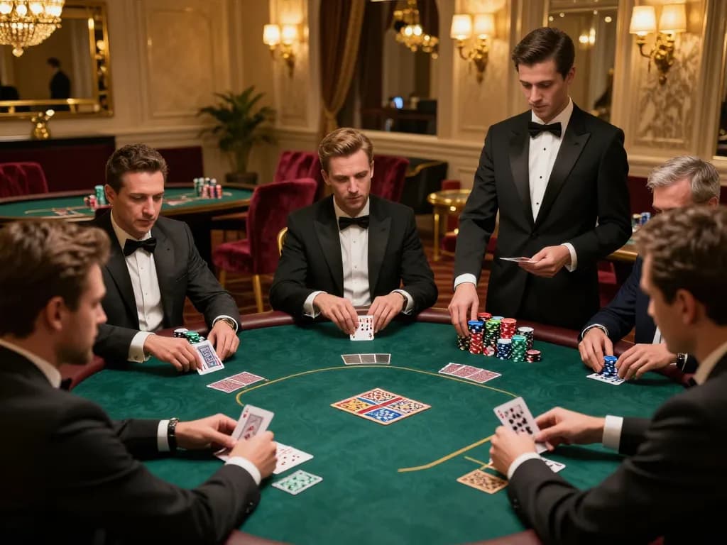 Players engage in an intense poker game at VIN777, surrounded by luxurious casino decor and warm lighting.