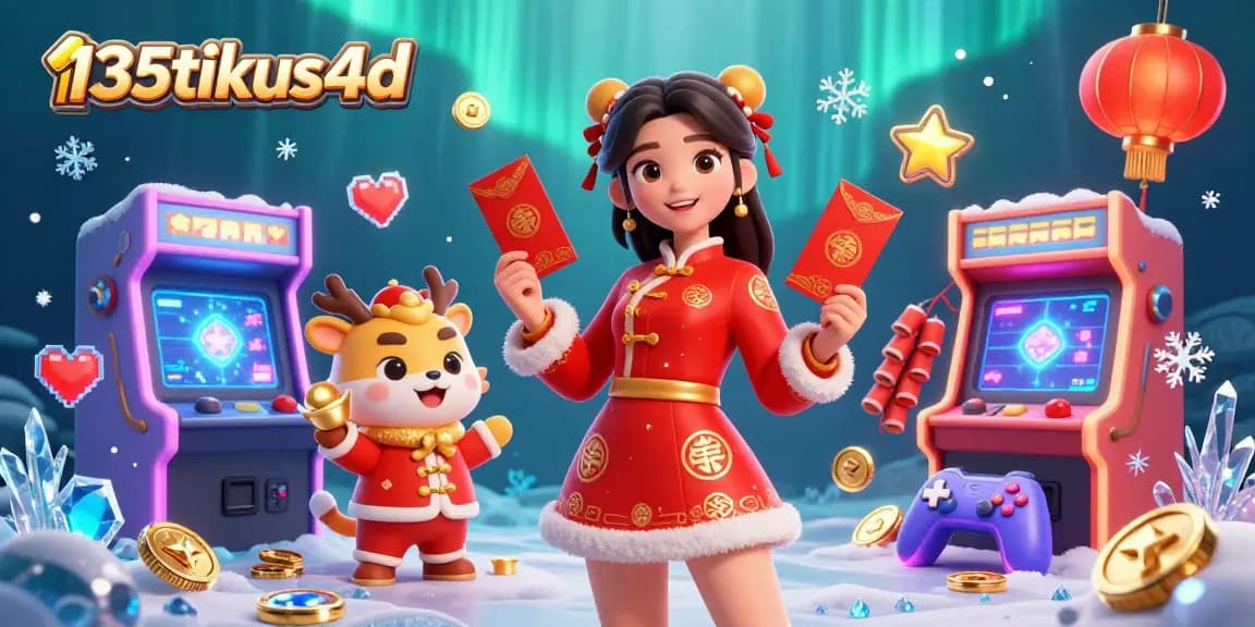 Experience the vibrant atmosphere of 135tikus4d with a colorful casino scene featuring an Asian woman celebrating Lunar New Year.