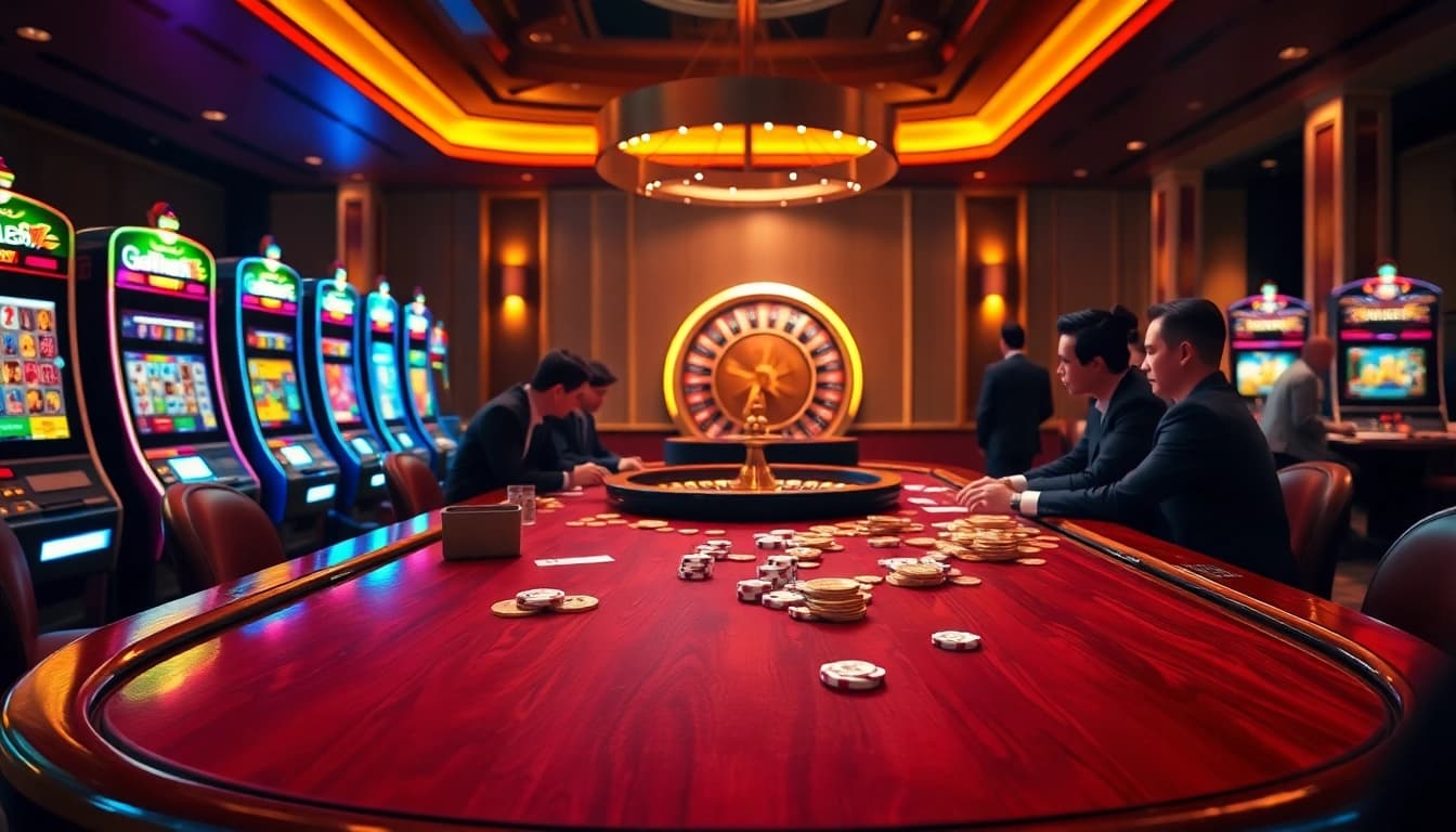 Exciting j88 casino scene showcasing poker, slots, and roulette for ultimate gaming experience.