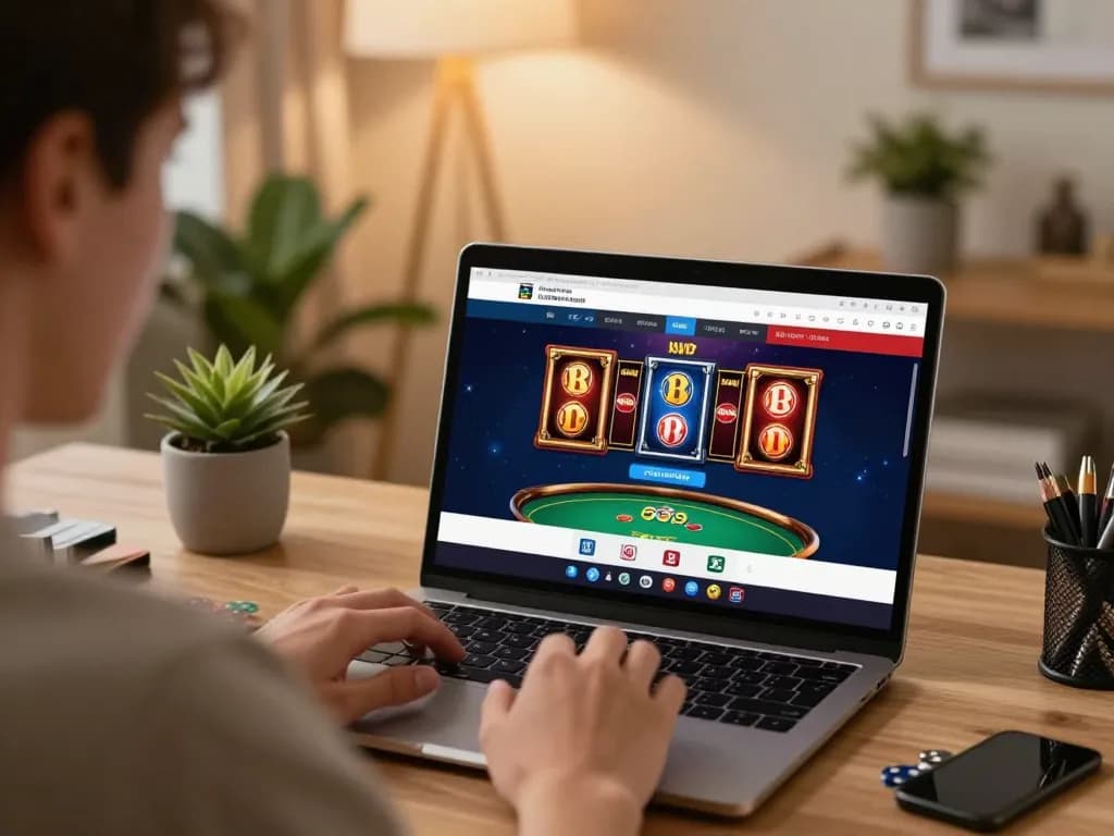 Player strategizing at a credit card casino on their laptop, emphasizing online gaming excitement.