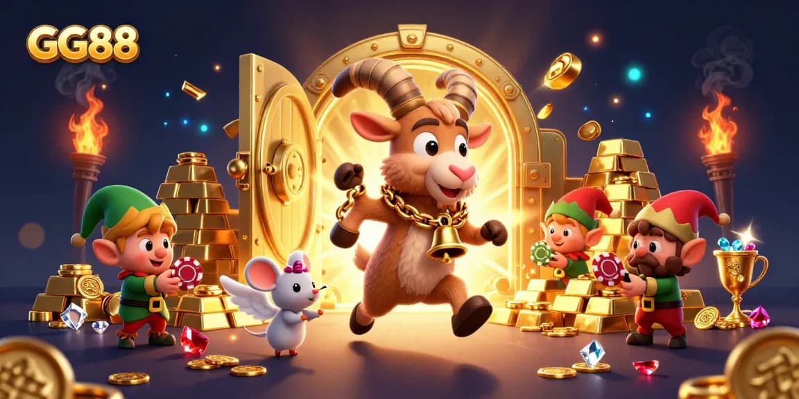 Experience thrilling gaming at GG88 with a vibrant casino scene featuring a Krampus goat and mischievous gremlins.