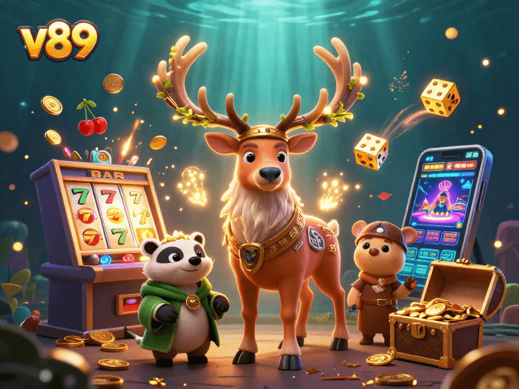 v89 menghibur pemain dengan mesin slot besar yang meledaknya jackpot dan karakter ceria di latar belakang