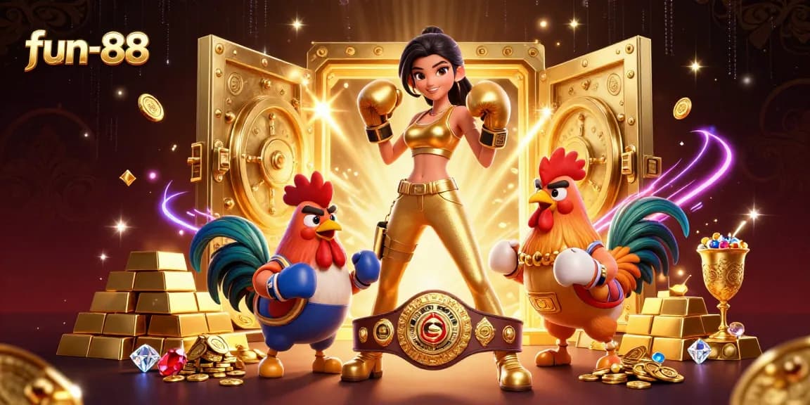 Experience fun-88 gaming excitement with a dynamic 3D illustration featuring unique characters and gold treasures.