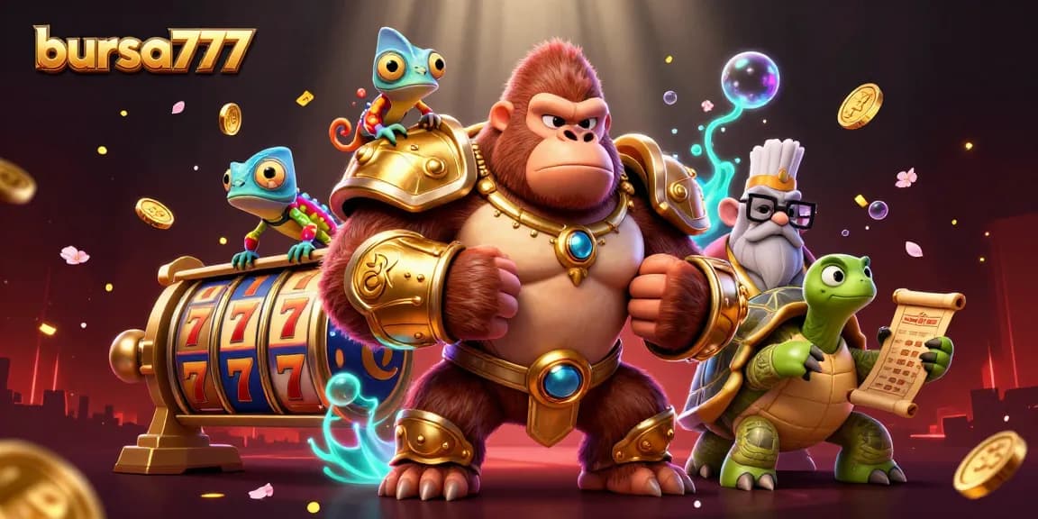 Bursa777 players enjoy spinning slots surrounded by dynamic gaming elements and vibrant visuals.
