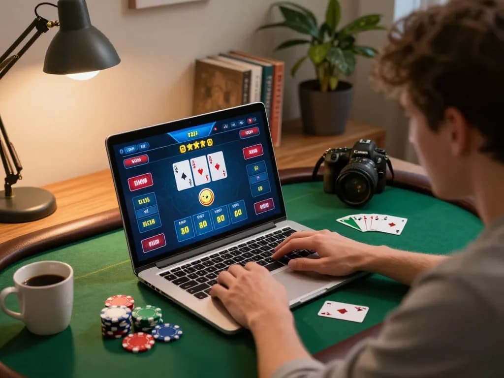 KONG88 online gaming session with a player focused on a poker match on their laptop, cozy home atmosphere.