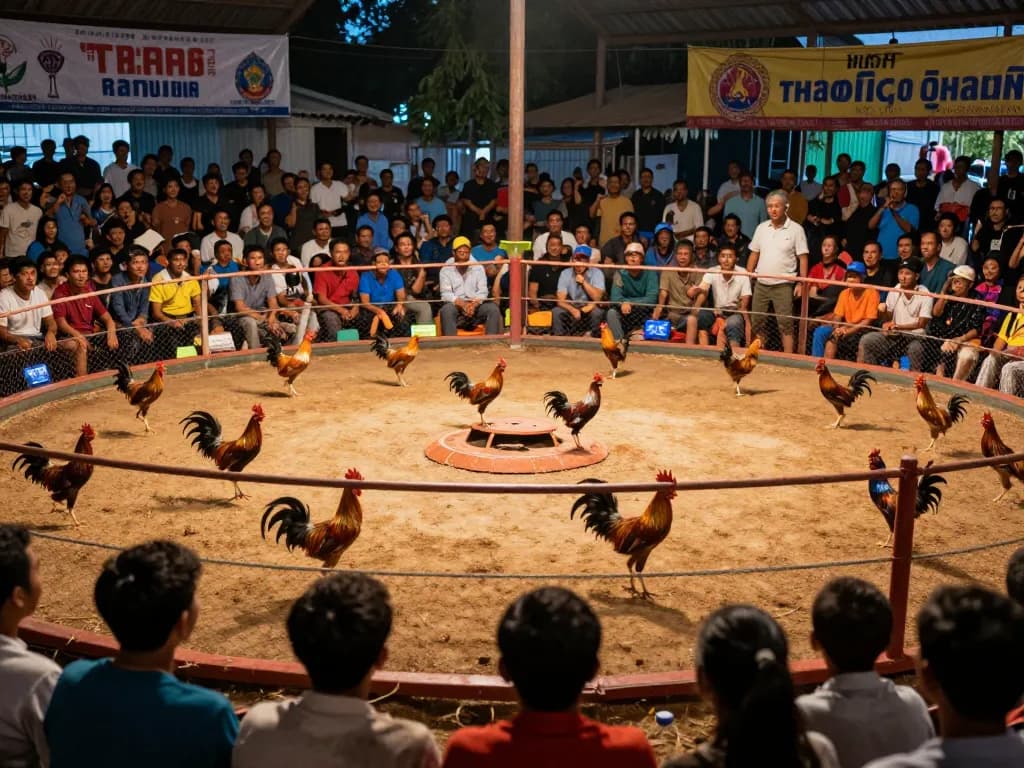 Watch the thrilling đá gà thomo competition in an exciting arena atmosphere with cheering fans