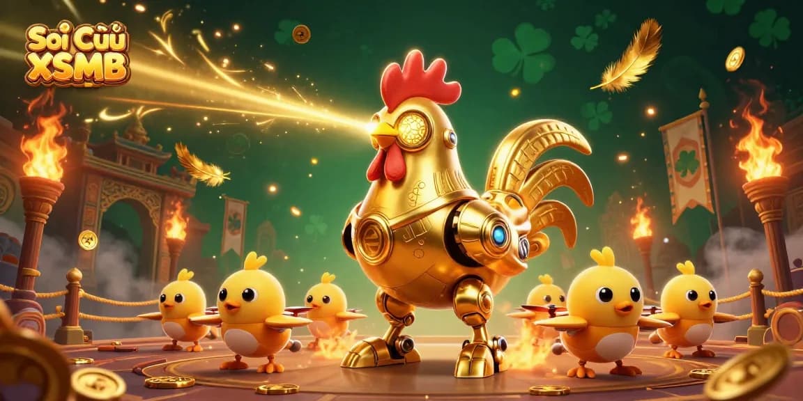 Soi Cầu XSMB strategy with a dynamic scene featuring a golden rooster robot and baby chick drones.