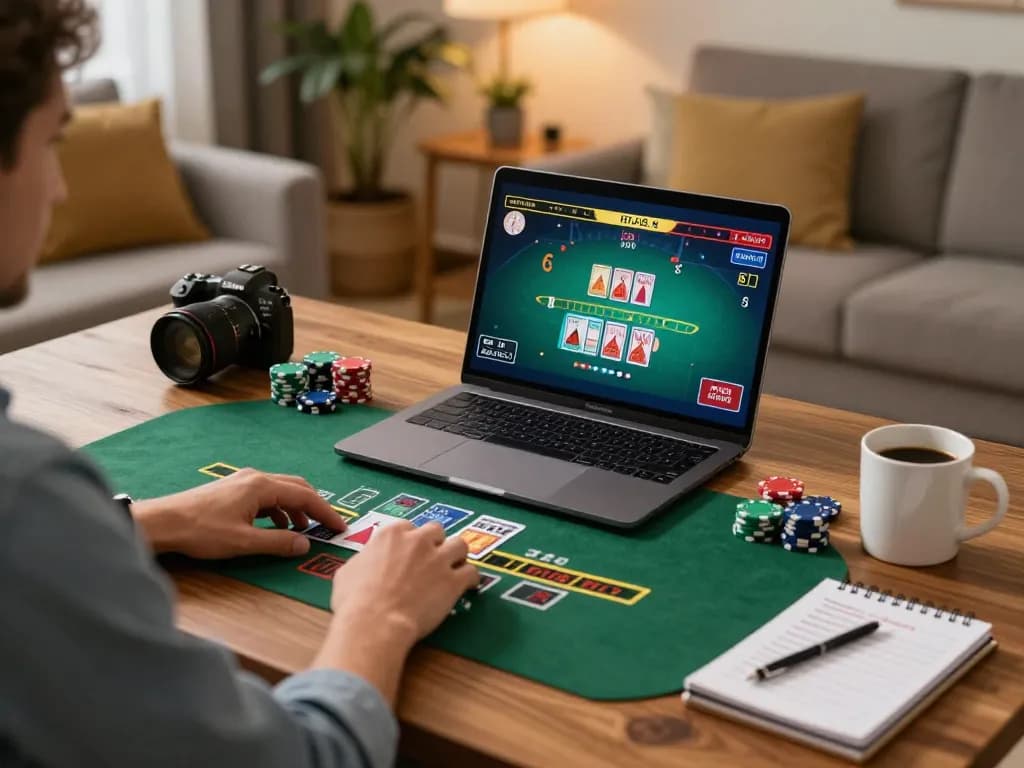 A player enjoying an engaging blackjack game on 32win's online platform in a cozy living room.