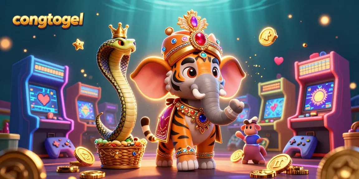 Engage in congtogel with a vibrant 3D scene of a maharaja tiger and an elephant amid glimmering game elements.