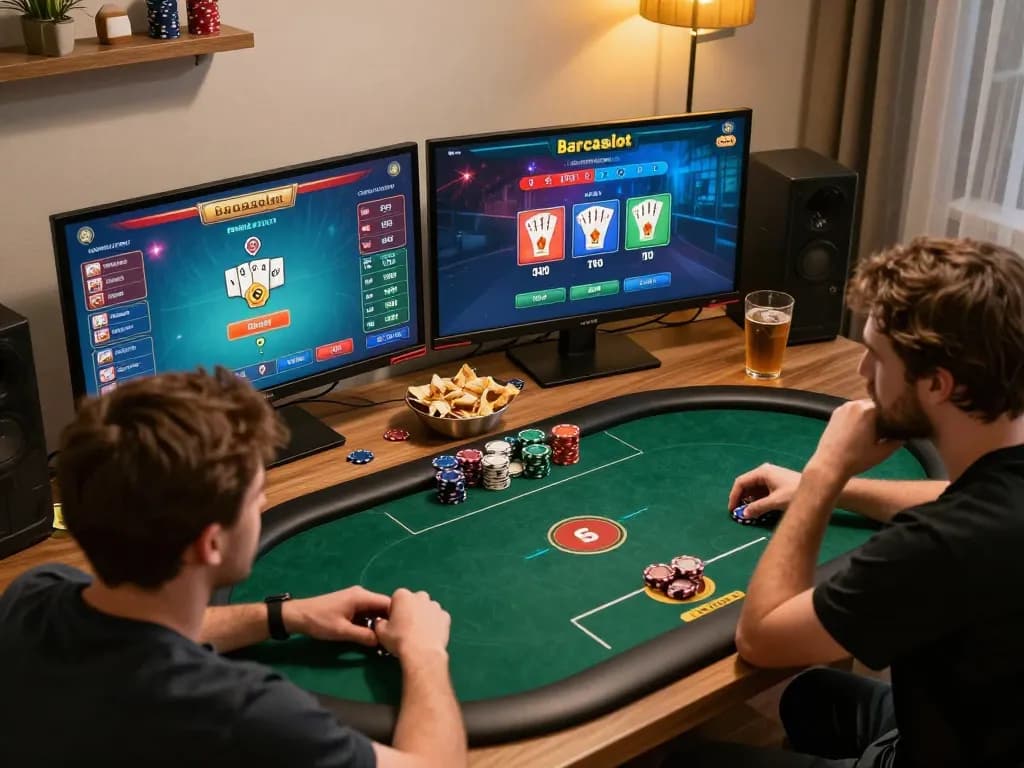 Pemain yang merencanakan strategi di platform poker online Barcaslot, menampilkan strategi kemenangan di rumah yang nyaman.