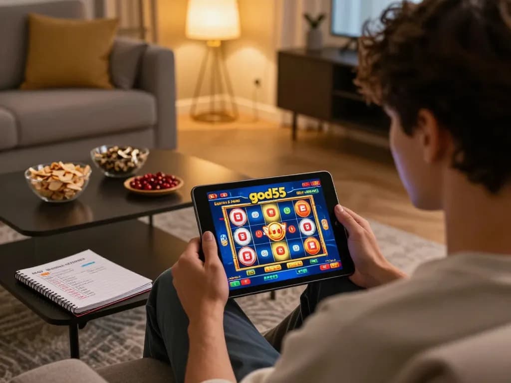 Engaging in online gaming with god55 on a tablet, surrounded by snacks and a cozy atmosphere.
