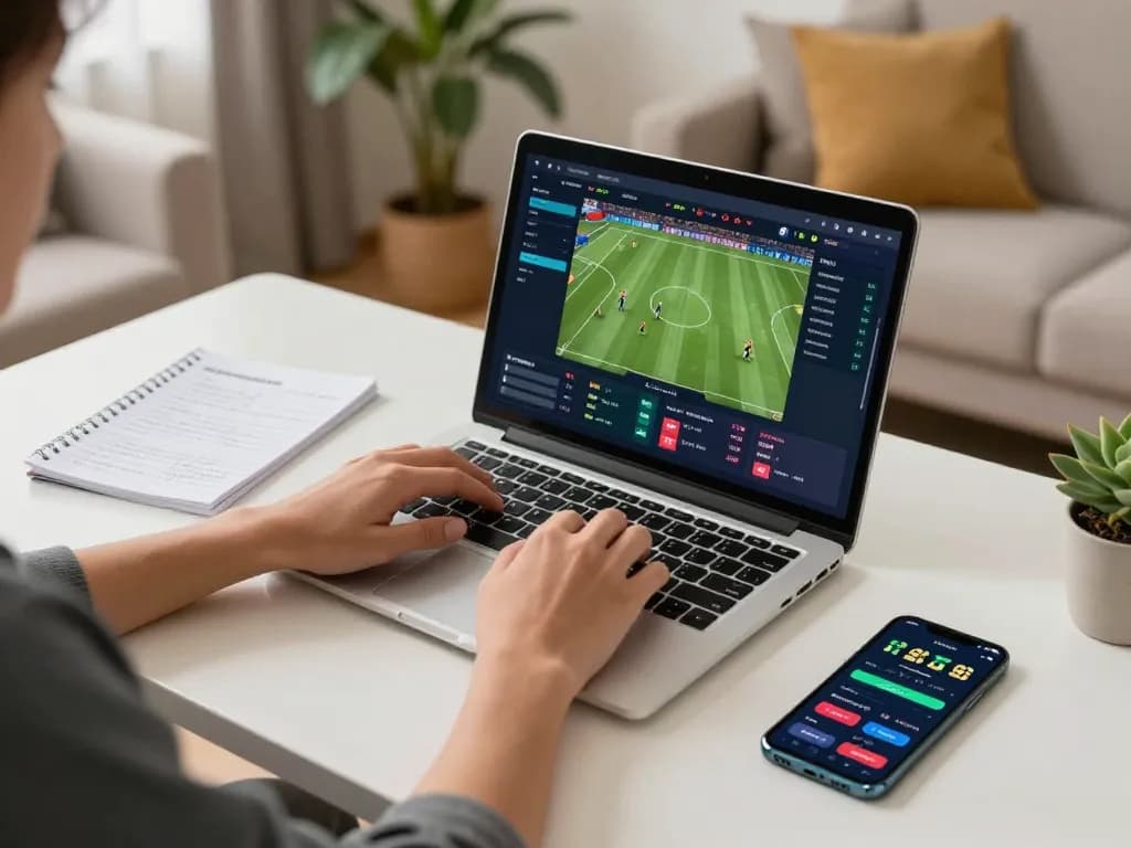 KQBD sports betting session on laptop with notes and smartphone in cozy home setting