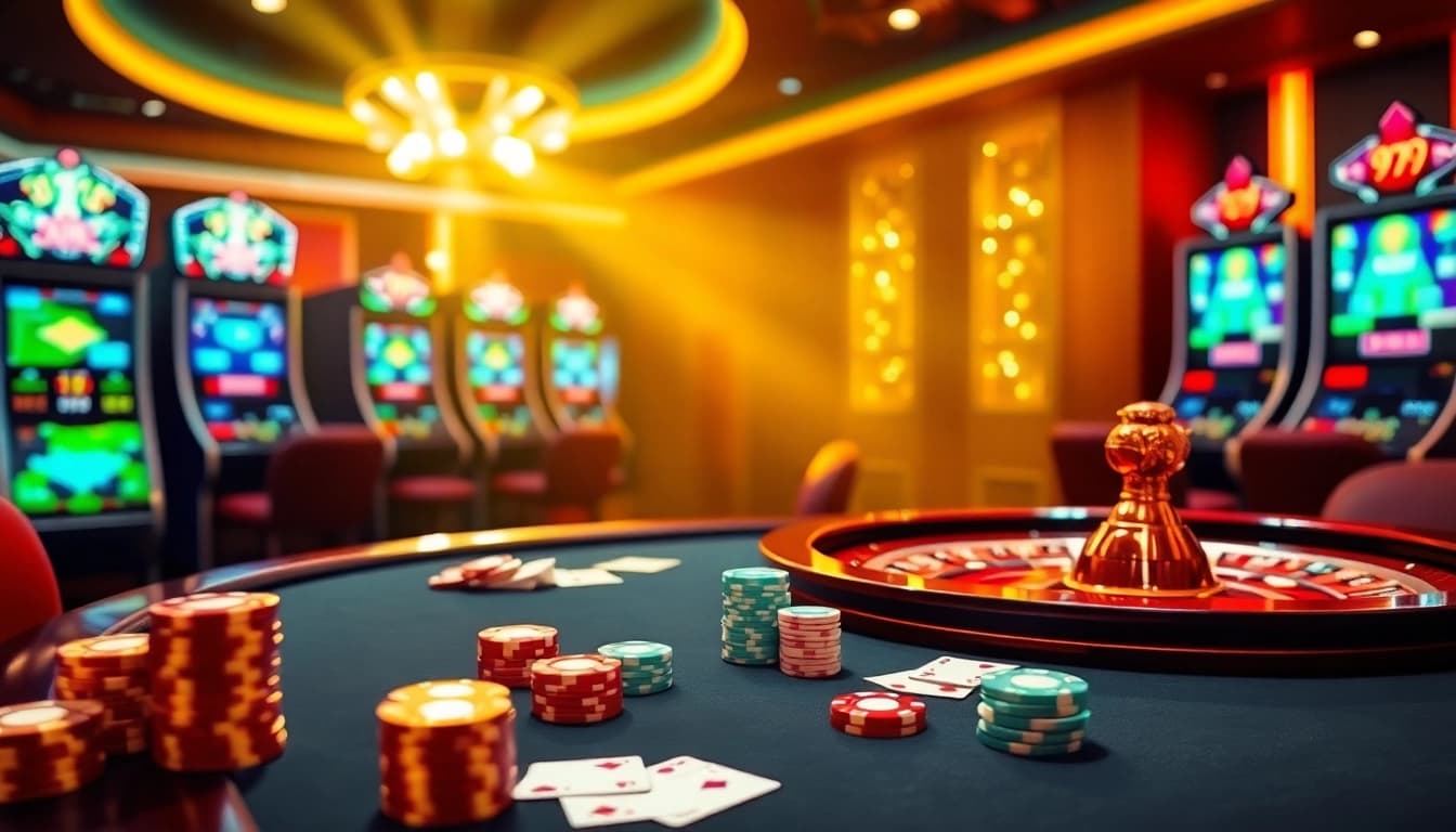 Experience the excitement of go 99 at a luxurious casino with vibrant tables, poker chips, and roulette.