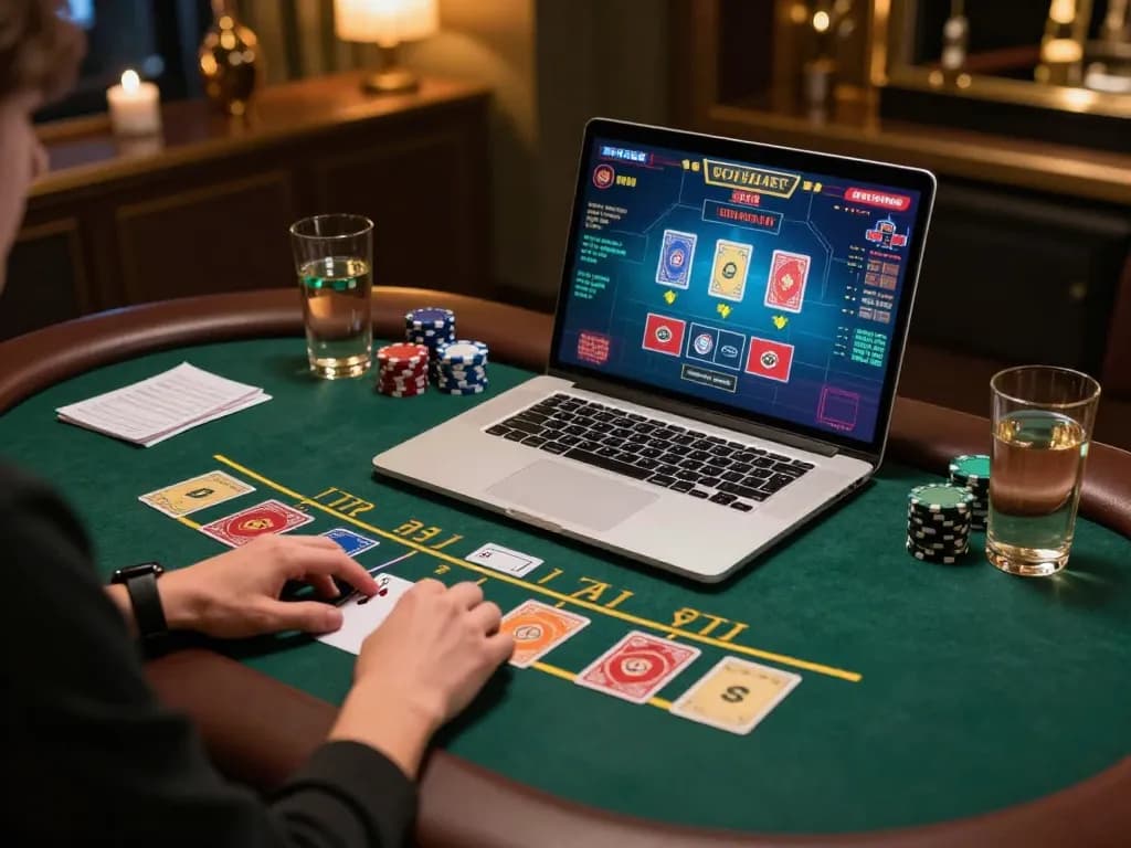 Person enjoying an online blackjack game at au88 in a cozy home environment, focusing on strategic moves