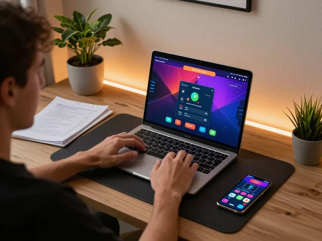 Engaging in online poker gameplay with 98win on a laptop, showcasing strategy notes and smartphone updates