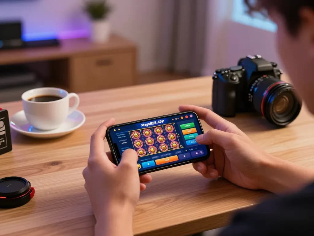 Engaging with the Mega888 APK on a smartphone in a cozy gaming setup.