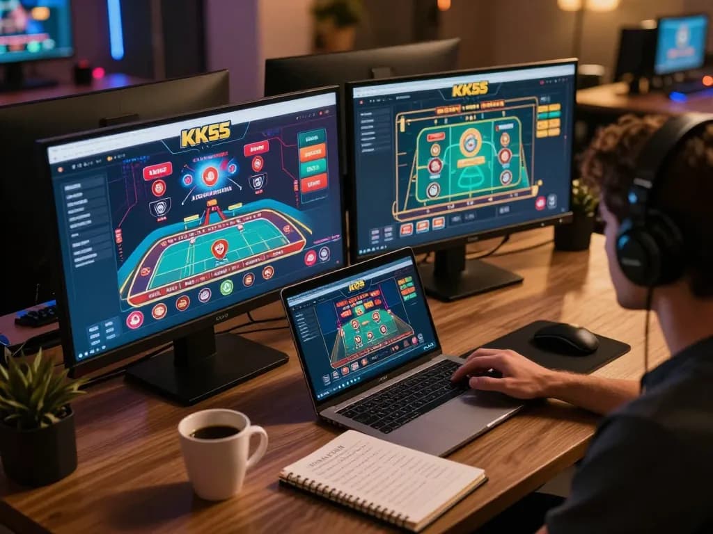 Player engaging with the KK55 platform on dual screens, enhancing online gambling experience.