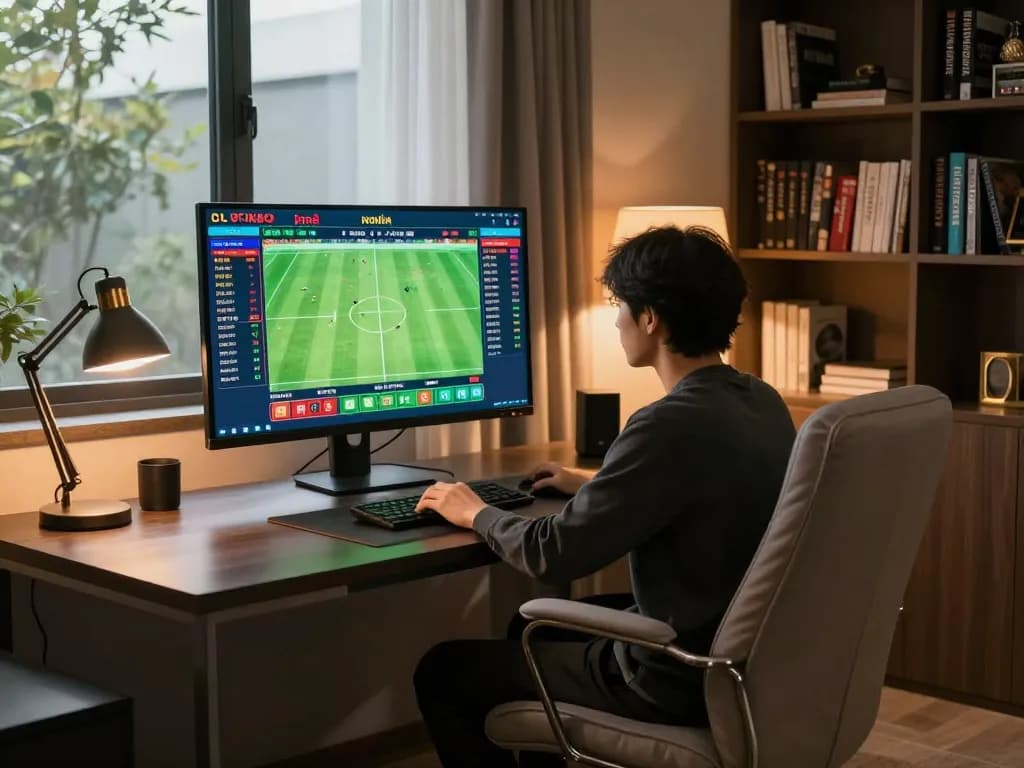 Engaged player analyzing kèo nhà cái on a modern desktop setup with strategic gaming ambiance