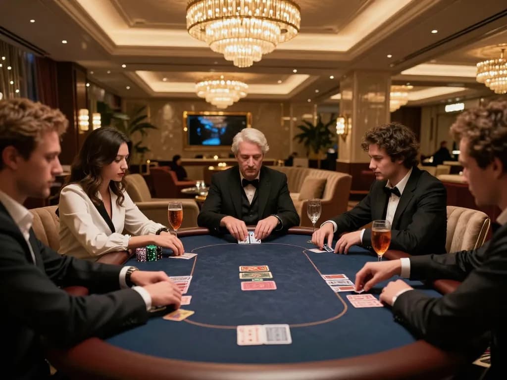 Players focus on high-stakes poker at https://shbet.free/, showcasing strategized gameplay in an elegant lounge.