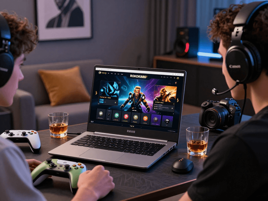 ROKOK88 gaming platform showcasing premium elegance with stylish decor and gaming accessories