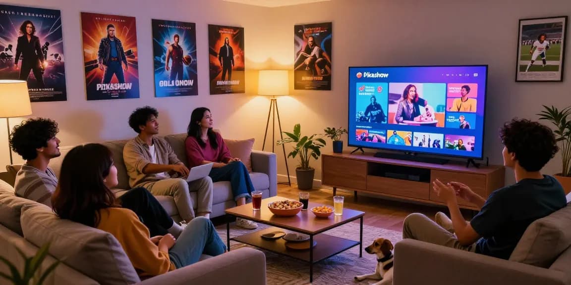 Friends enjoying a movie night on Pikashow in a cozy living room with snacks and a big screen.