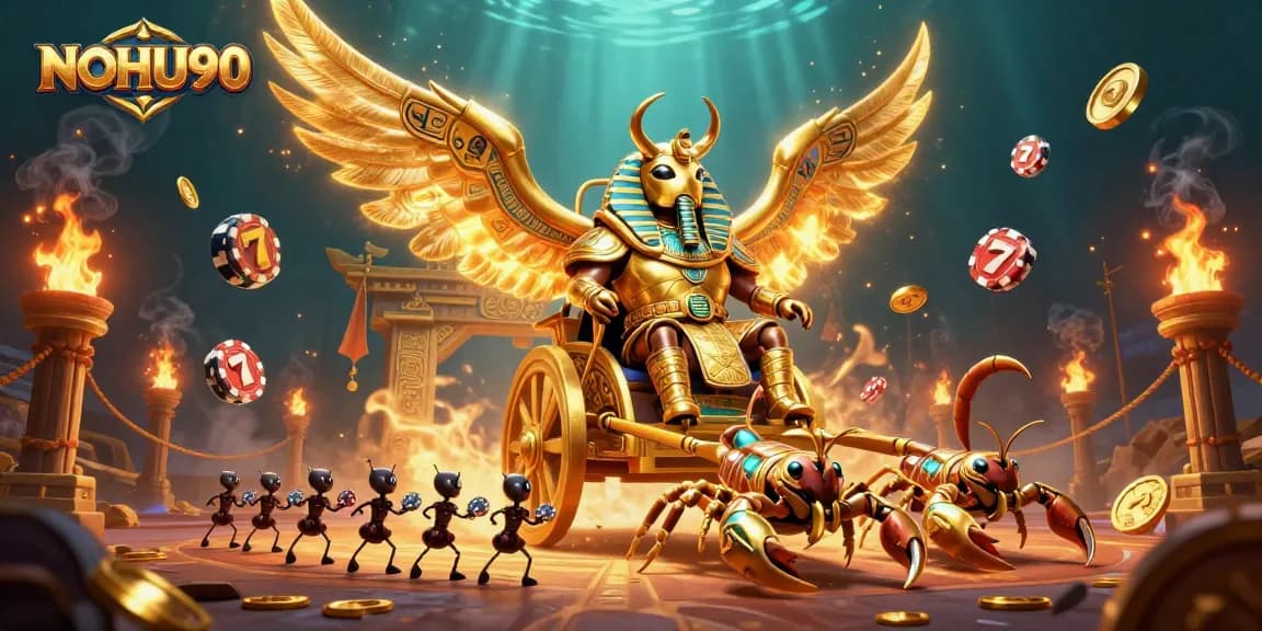 Engage slots action with NOHU90's vibrant gaming scene featuring golden beetle and scorpion chariot.