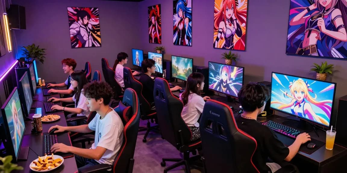 Group of friends enjoying hentaigames in a lively gaming lounge, colorful atmosphere.